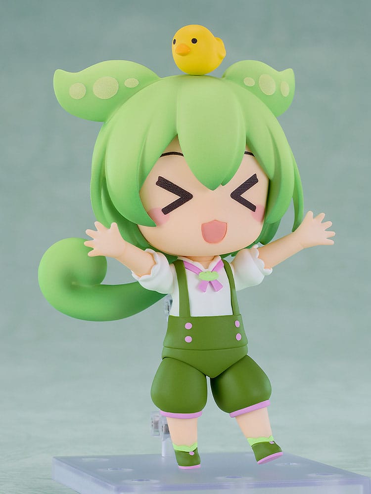 Zundamon Nendoroid with happy squinting face, arms up and Ahiru-chan duck on its head