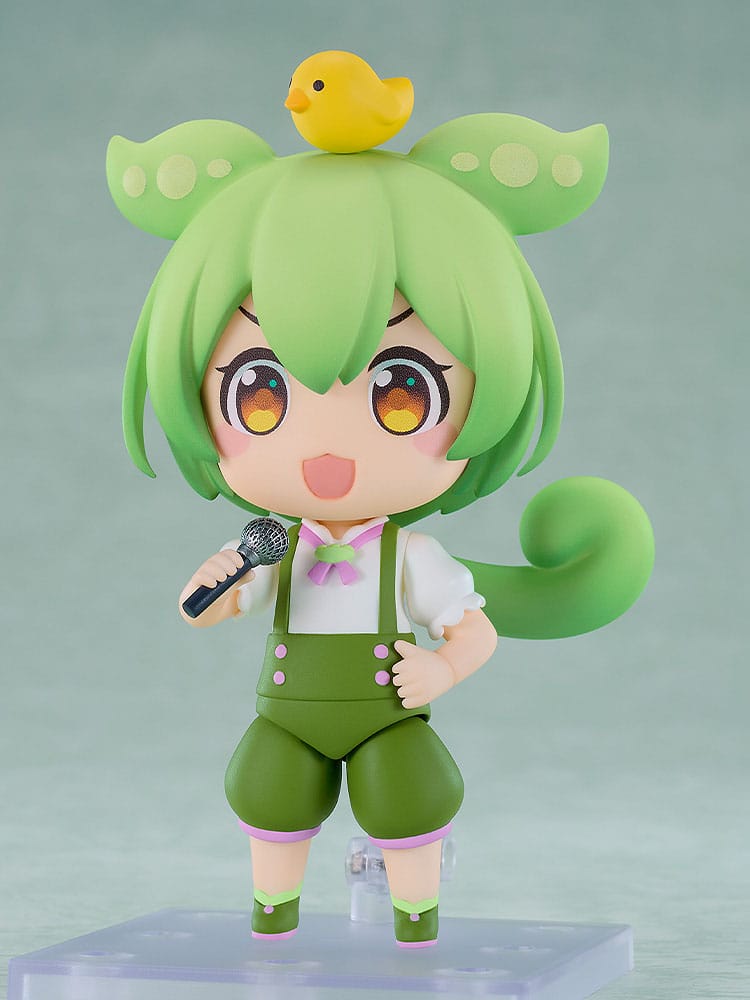 Zundamon Nendoroid holding a microphone with Ahiru-chan figure perched on its head