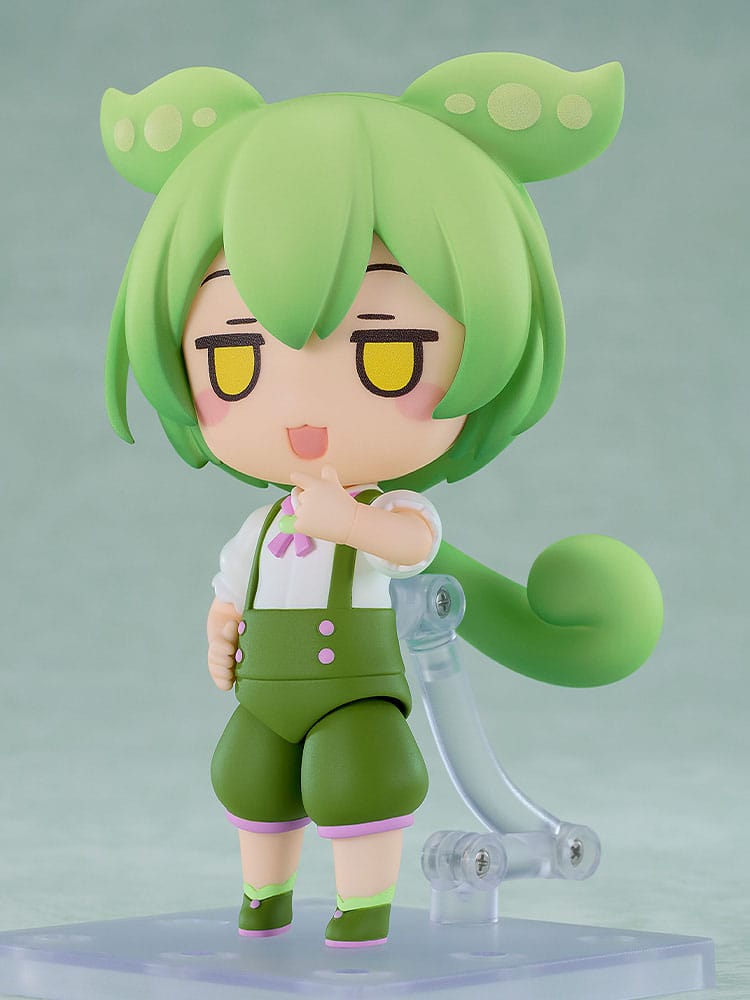 Zundamon Nendoroid with judging half-lidded yellow eyes, angled view on stand