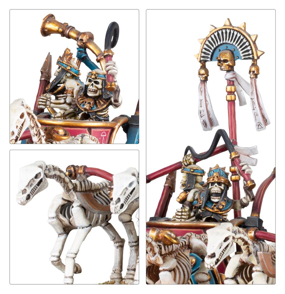 Close-ups of painted Skeleton Chariot crew, skeletal horse and gilded standard
