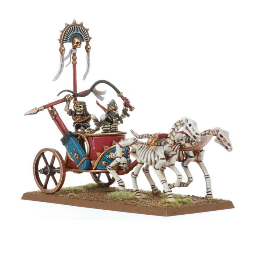 Painted Tomb Kings Skeleton Chariot with standard bearer and skeleton crew