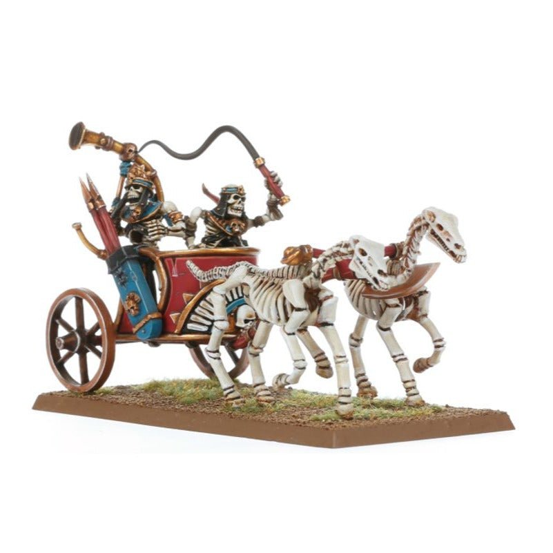 Painted Skeleton Chariot with horn-blowing musician and whip-wielding skeleton driver