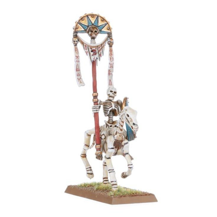 Painted Skeleton Horsemen standard bearer carrying a tall sun-disc banner on a skeletal steed