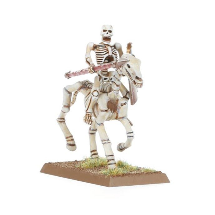 Painted Tomb Kings Skeleton Horseman levelling a spear on a bony skeletal steed, side view