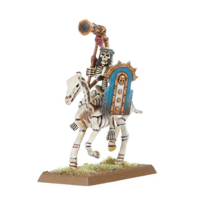 Painted Skeleton Horsemen musician on a skeletal steed raising a horn, with blue and gold shield