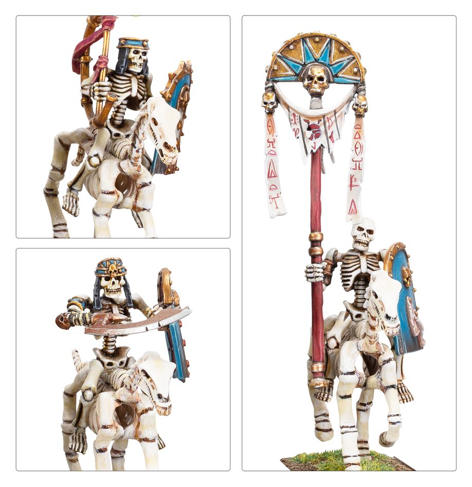 Close-ups of the painted Skeleton Horsemen command models, the standard bearer and Master of Horse