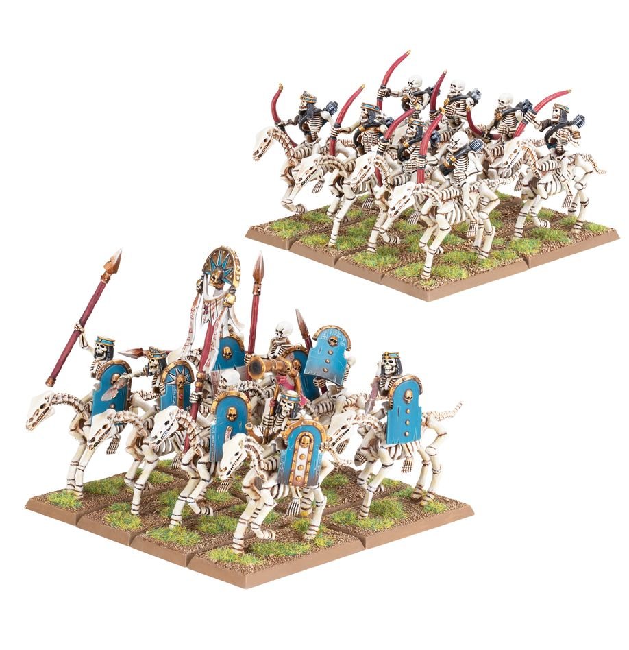 Two painted Skeleton Horsemen regiments, one with spears and blue shields and one armed with bows