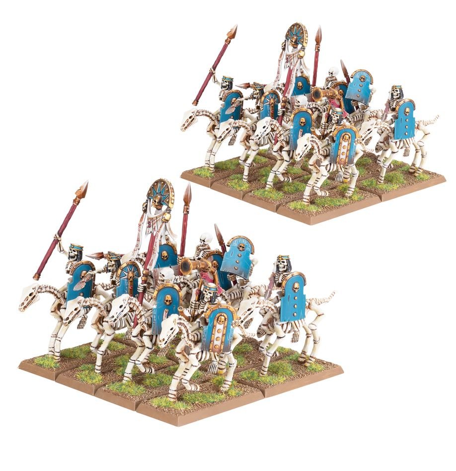 Two painted Skeleton Horsemen regiments of eight with spears and blue shields on rectangular bases