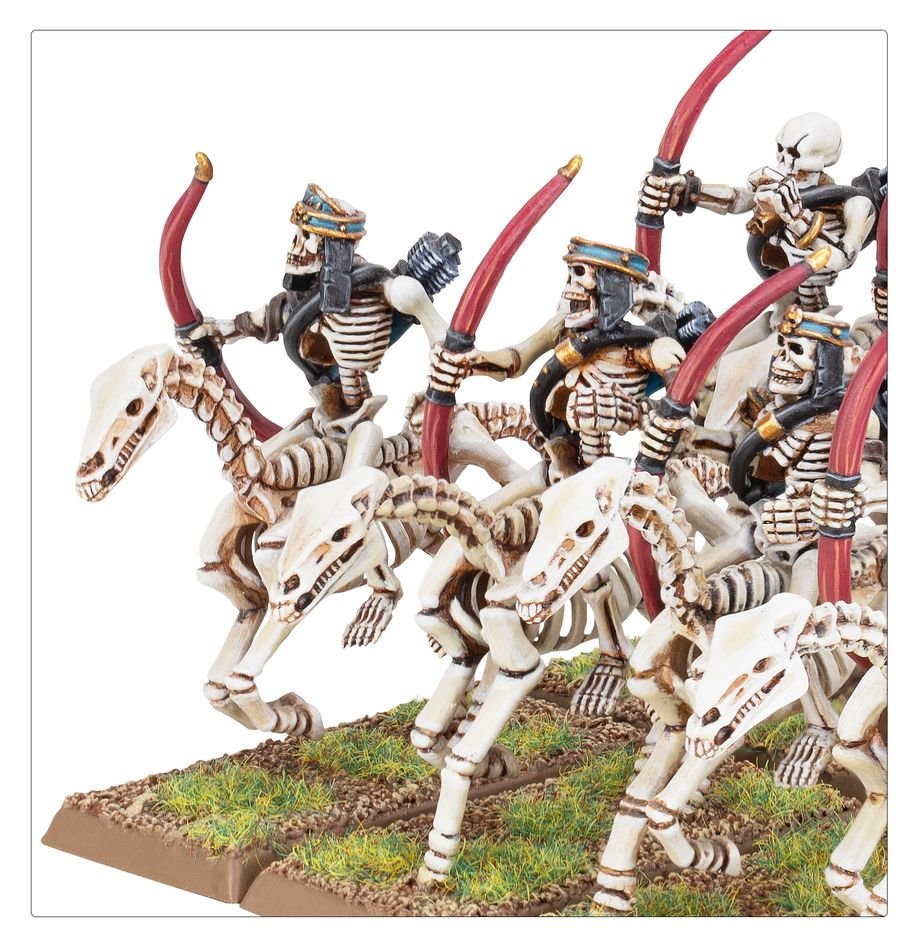 Close-up of painted Tomb Kings Skeleton Horsemen archers with red bows on skeletal steeds