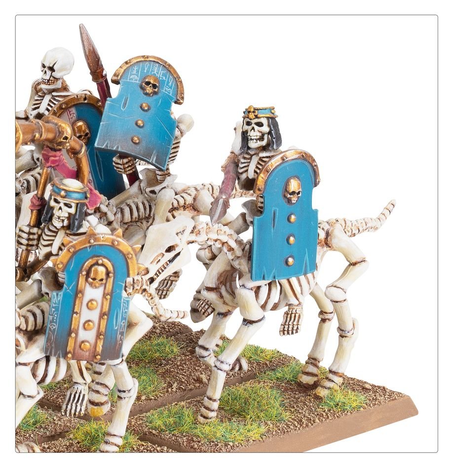 Close-up of painted Skeleton Horsemen with spears and blue shields riding in formation