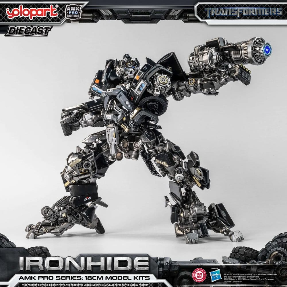Yolopark Ironhide model kit from Transformers (2007) aiming arm cannon, black die-cast finish