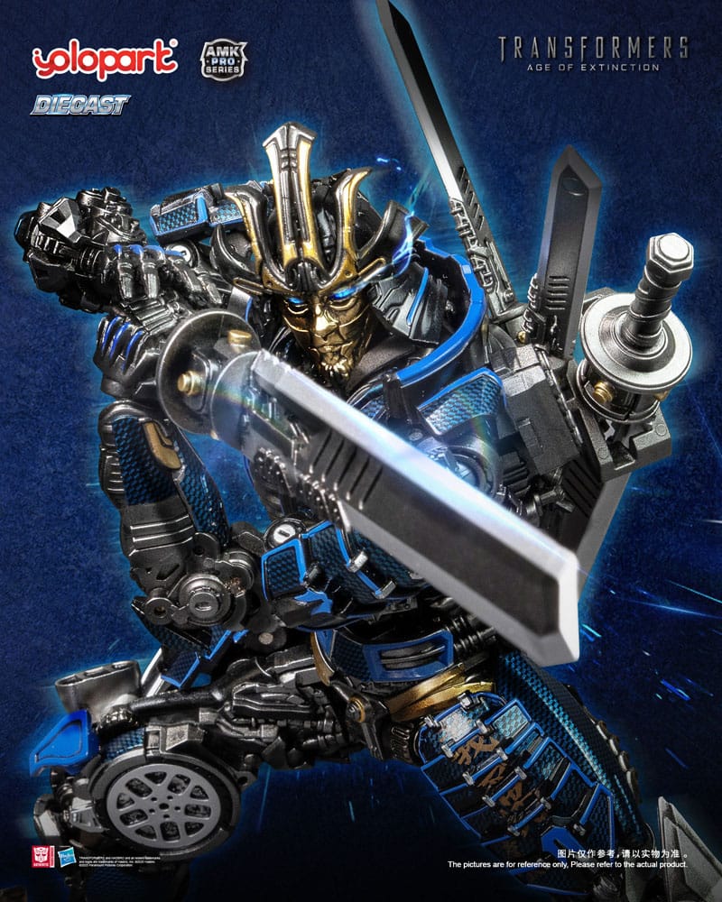Yolopark Drift model kit wielding a large sword, blue and gold samurai armour, promotional render