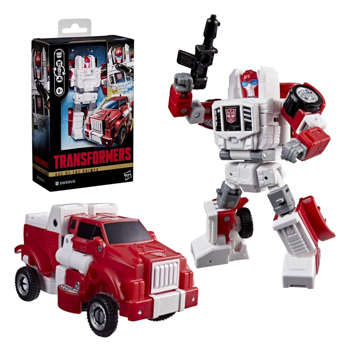 Transformers Swerve with its box, shown in red and white robot mode and truck mode