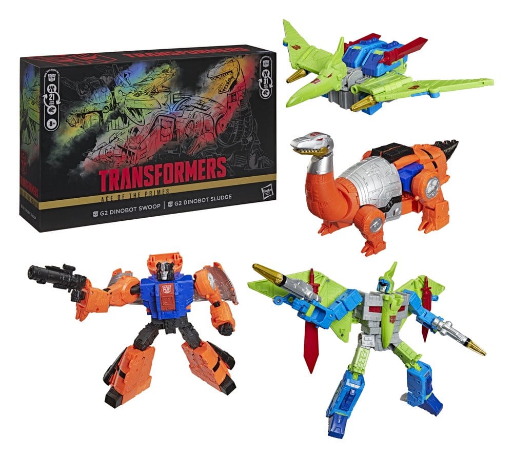 G2 Dinobot Swoop and Sludge figures in robot and dinosaur modes beside the Transformers box