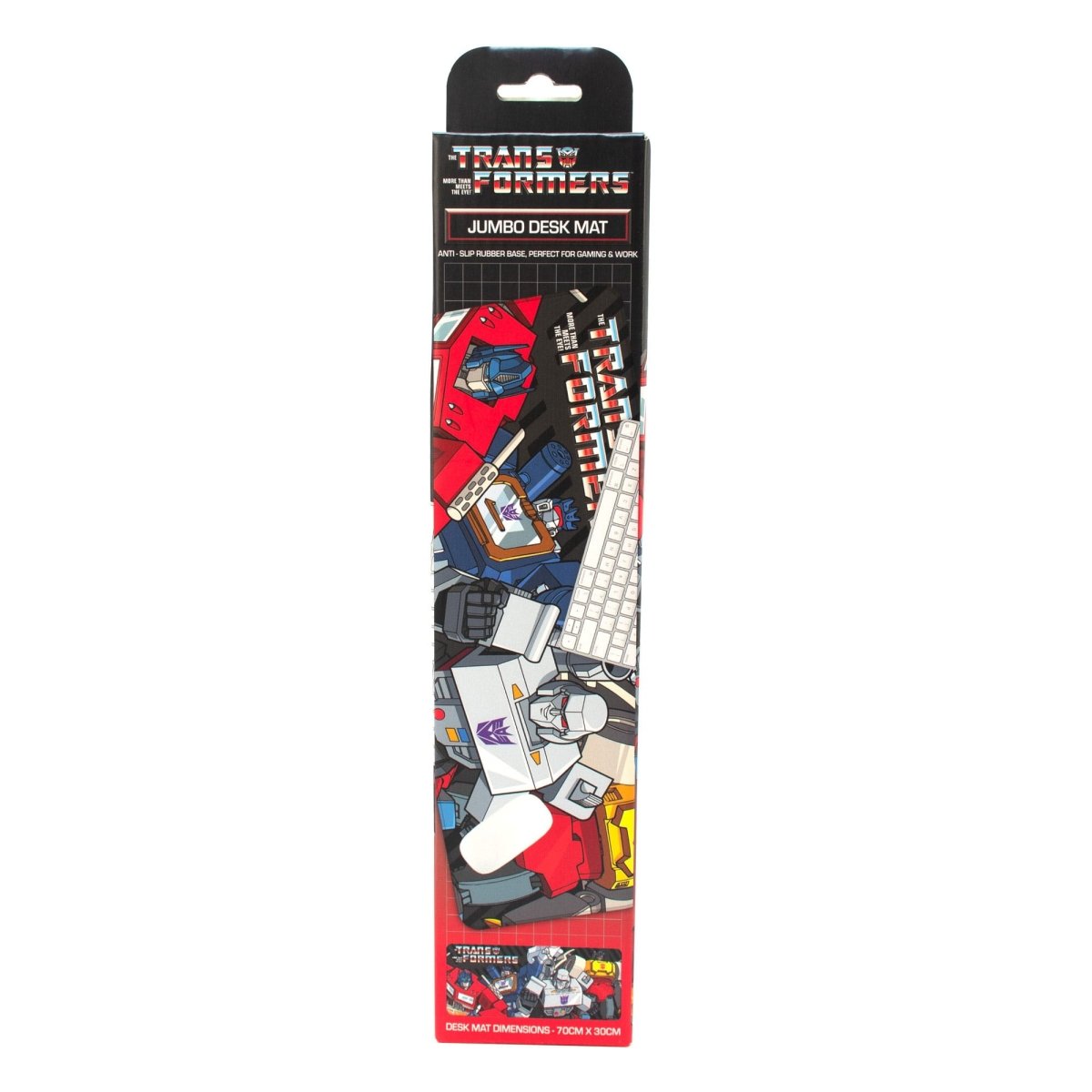 Transformers desk mat retail box showing Optimus Prime and Megatron artwork, side angle