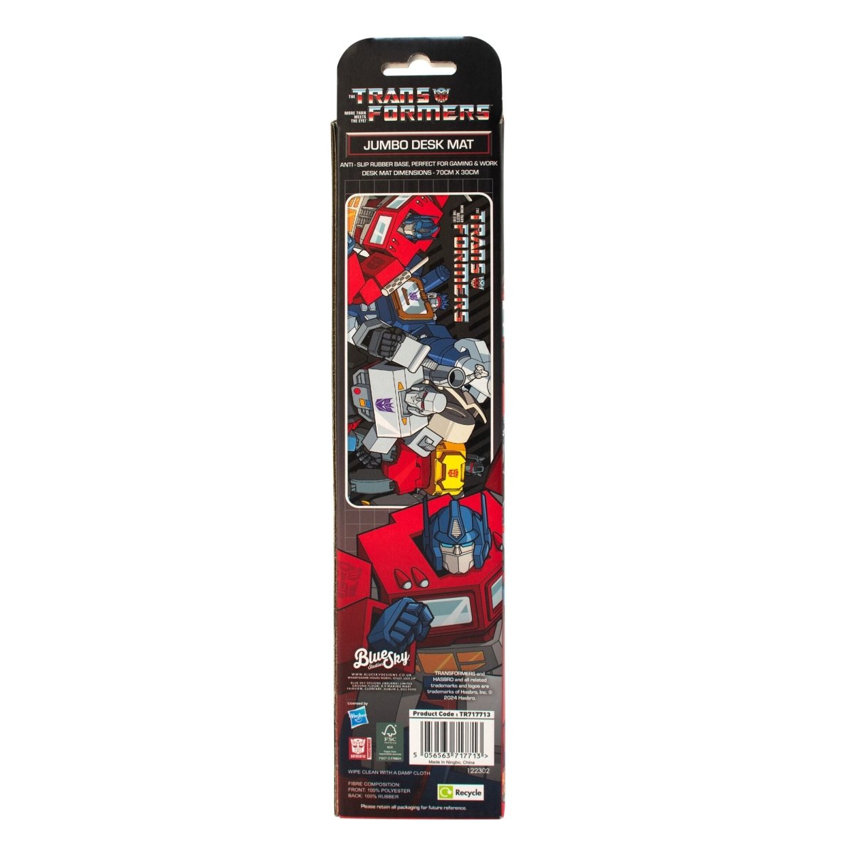 Back of the Transformers jumbo desk mat box with product details