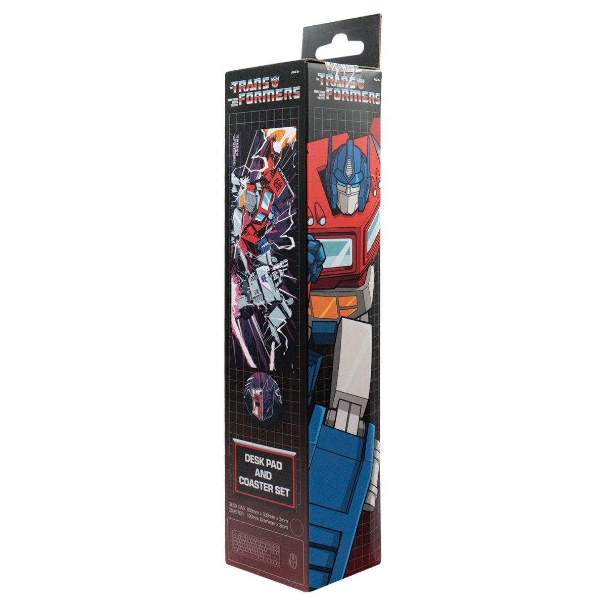 Transformers Desk Pad and Coaster Set box, angled view showing Optimus Prime