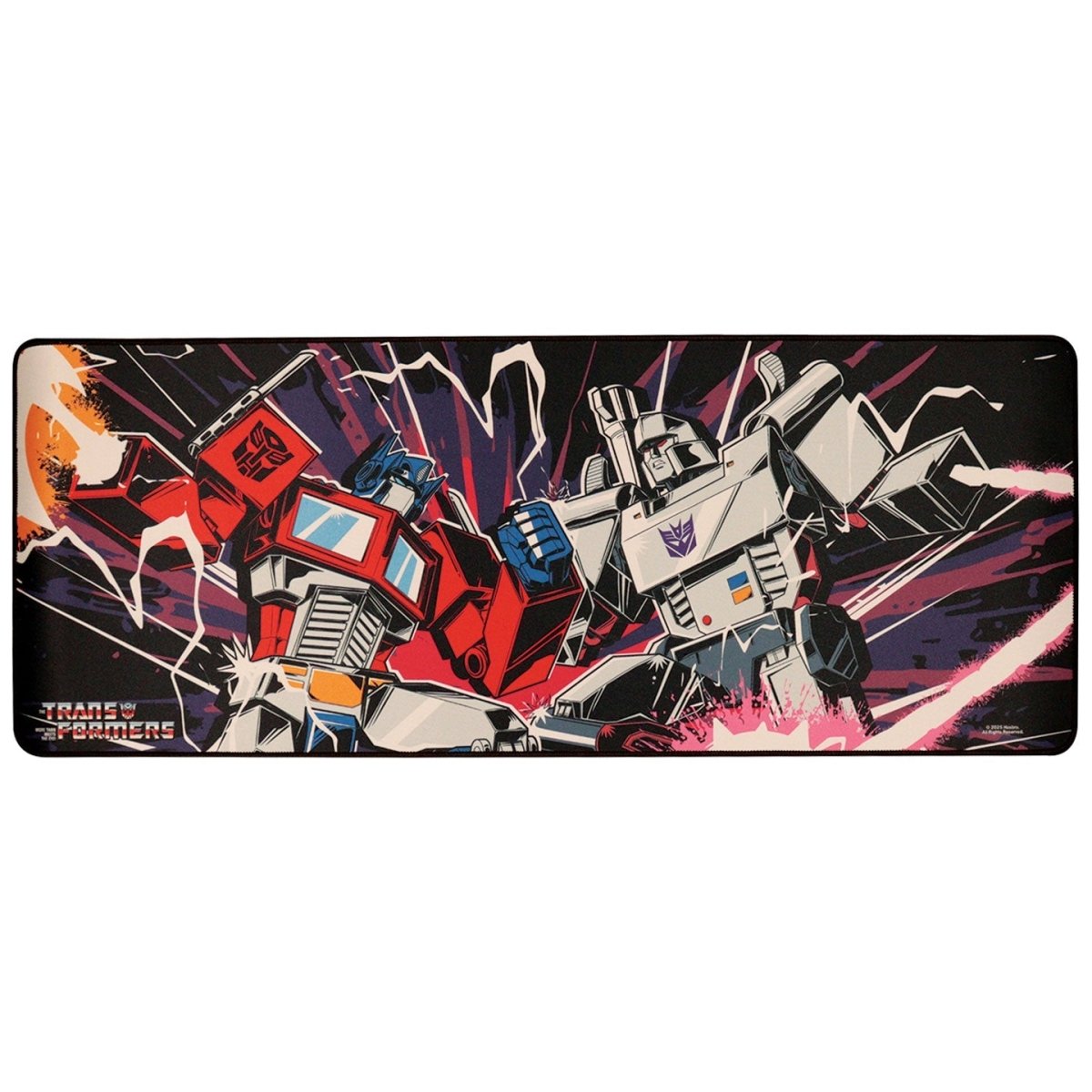 Transformers desk pad showing Optimus Prime facing Megatron in retro style