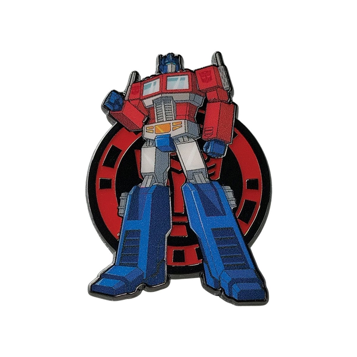 Transformers Optimus Prime robot-mode enamel pin badge on red Autobot emblem