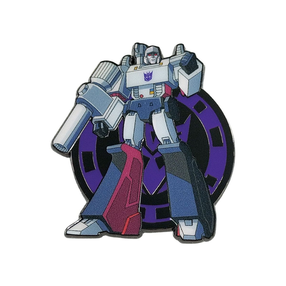 Transformers Megatron enamel pin badge on a purple Decepticon emblem background
