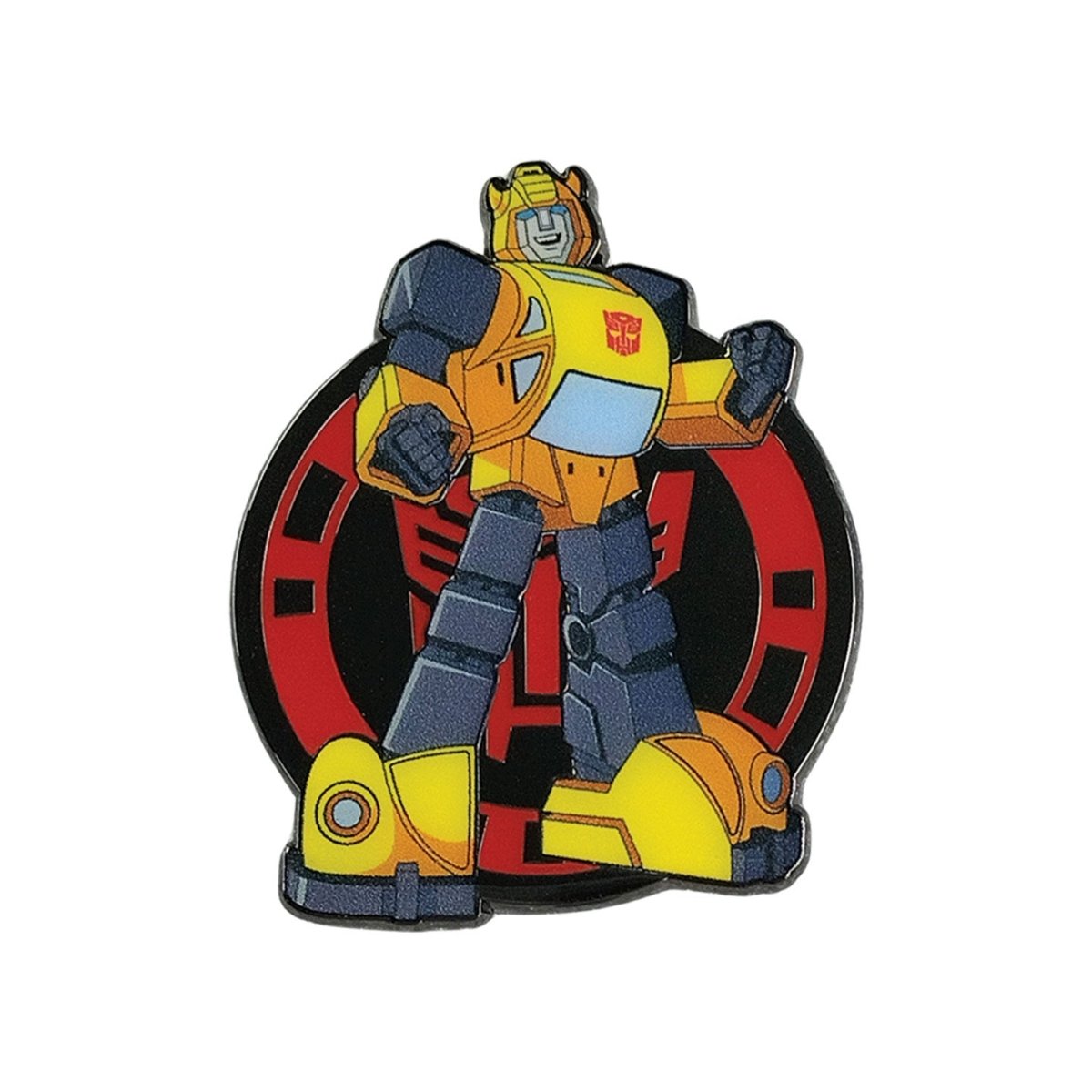 Transformers Bumblebee enamel pin badge on a red Autobot emblem background