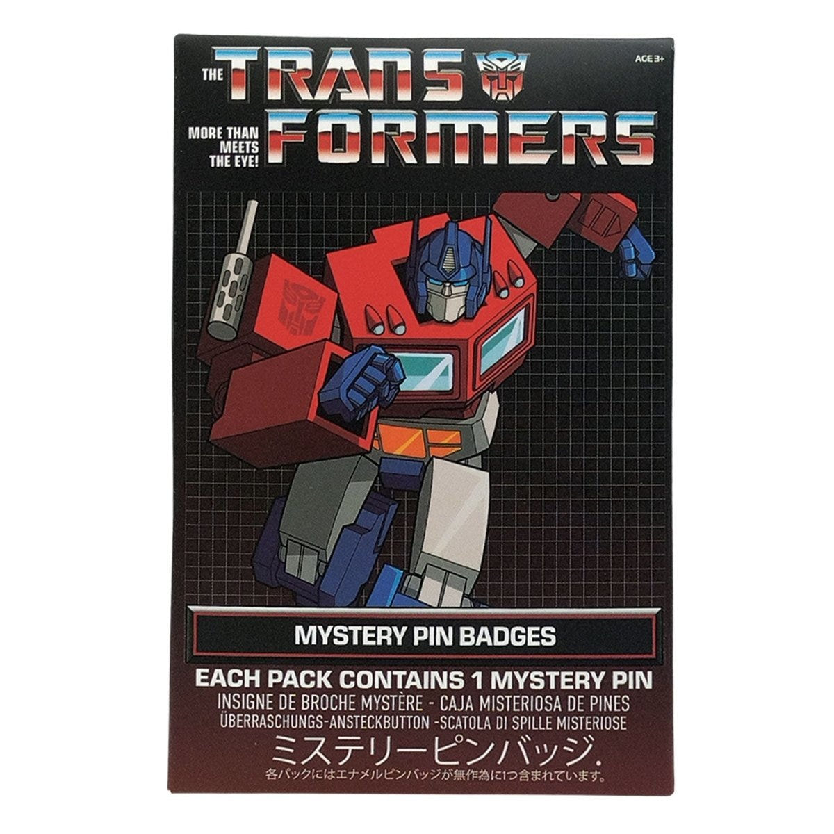 Transformers Mystery Pin Badge blind box by Fanattik, front with Optimus Prime artwork