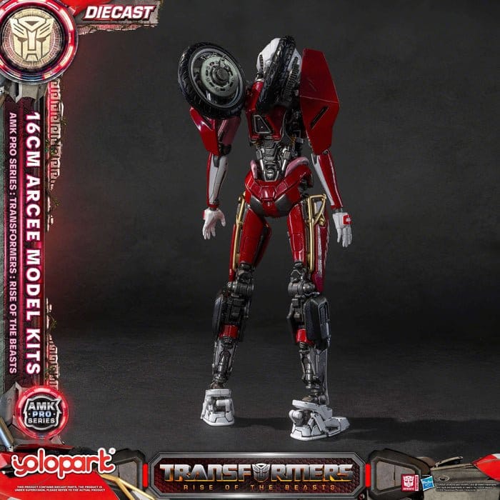Rear view of the built Yolopark Arcee kit showing red armour and back wheel