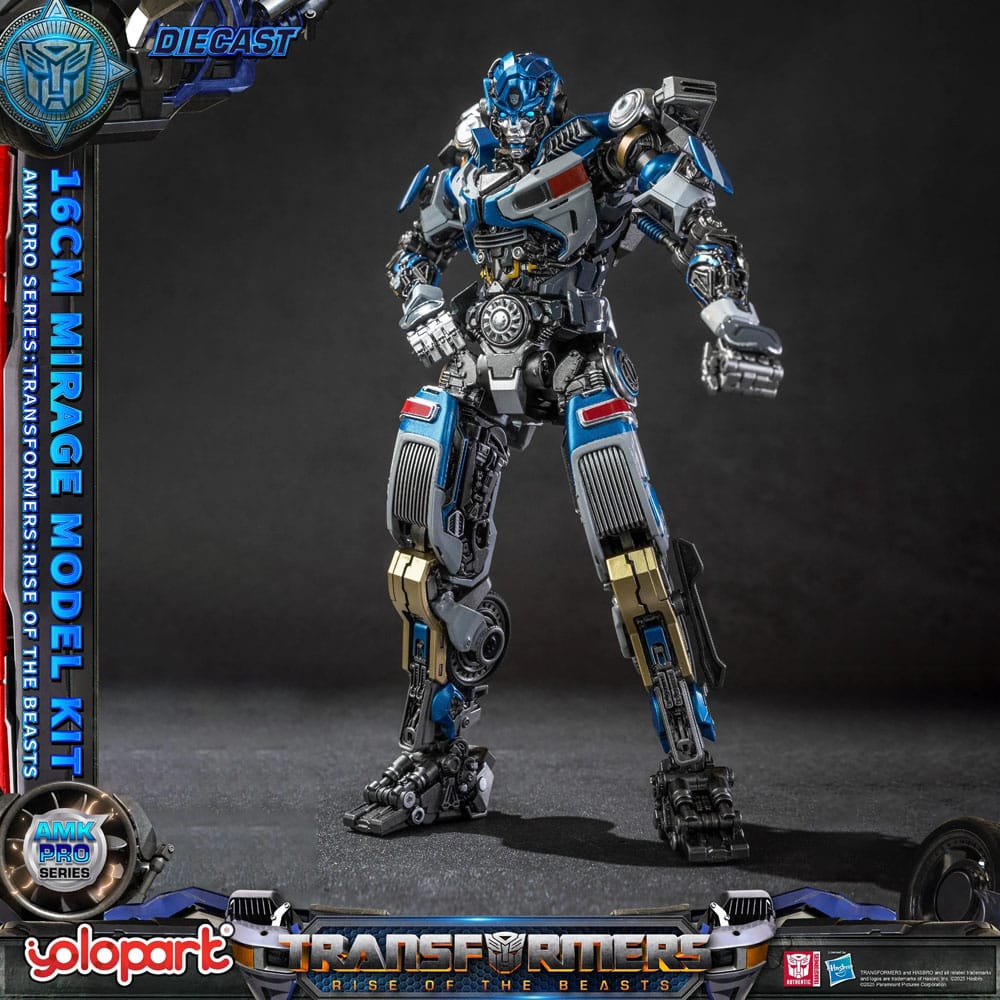Angled front view of the built Yolopark Mirage kit showing chrome and blue die-cast detail