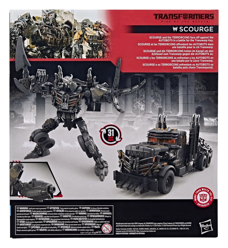 Transformers: Rise of the Beasts Studio Series Scourge box back showing robot and truck modes