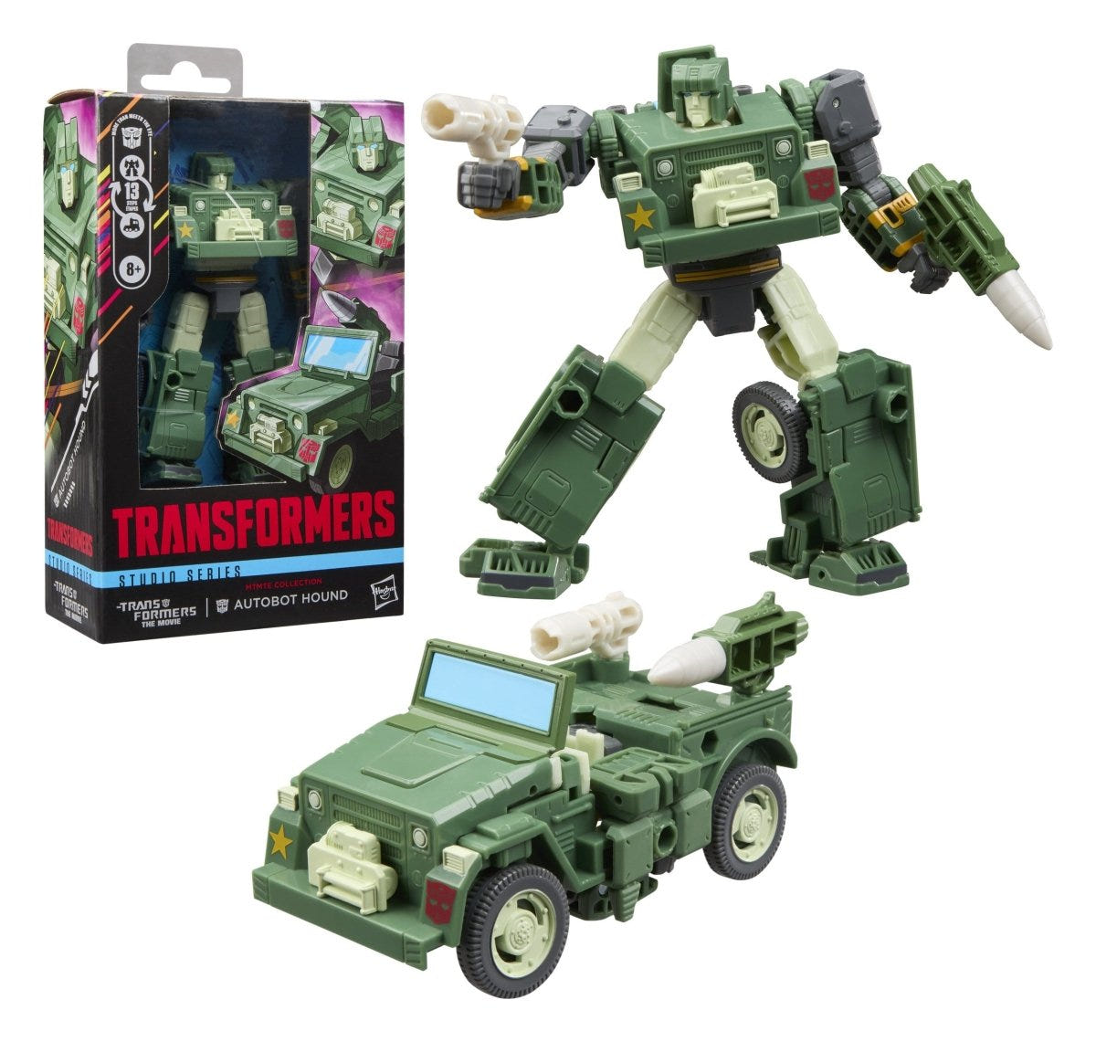 Transformers Studio Series Autobot Hound in robot and jeep modes beside its packaging