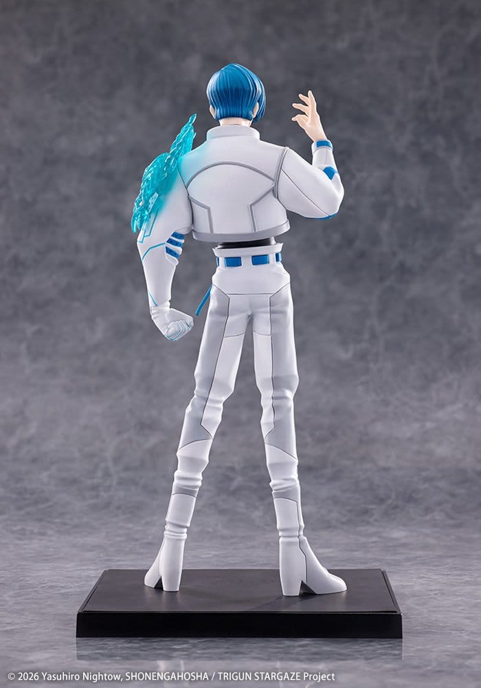 Rear view of the Trigun Stampede Legato Bluesummers figure showing his blue crystalline shoulder