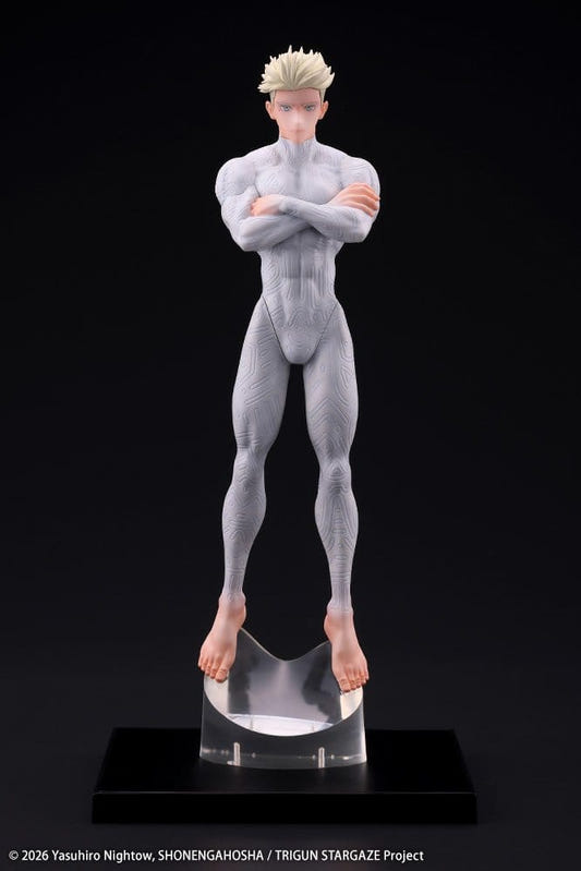 Kotobukiya Oshi Works Millions Knives figure from Trigun Stampede on clear stand and black base