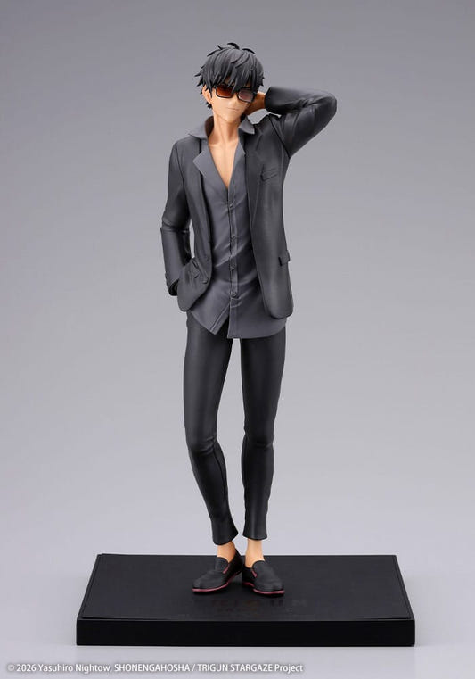 Kotobukiya Oshi Works Nicholas D. Wolfwood statue from Trigun Stampede, front view in black suit