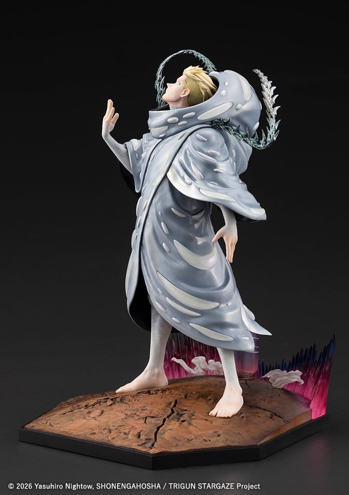 Trigun Stampede Millions Knives statue from the right, hand raised and gazing upward