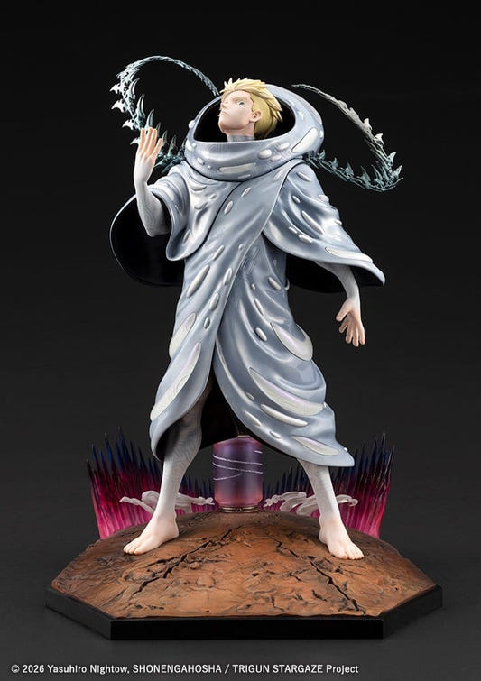 Kotobukiya ARTFX J Millions Knives 1/8 statue in pale robe on cracked vignette base, front view