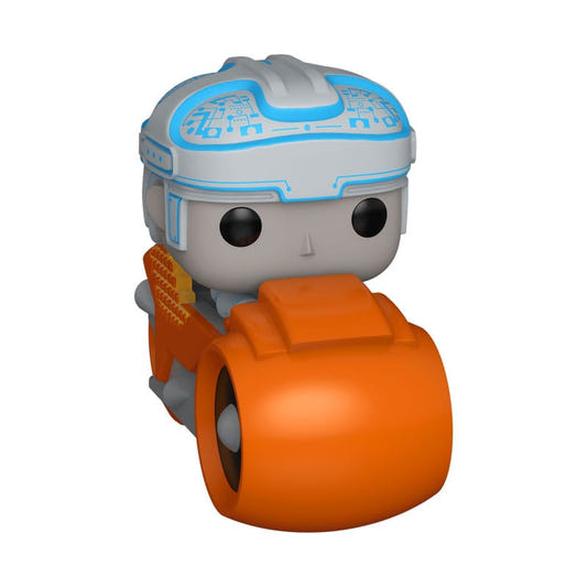Funko Pop! Rides Deluxe Tron vinyl figure seated on his orange light cycle, out of box