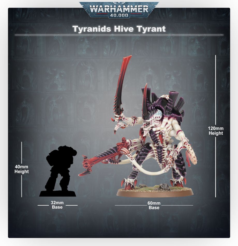 Tyranids Hive Tyrant size guide: 120mm tall on a 60mm base beside a Space Marine silhouette