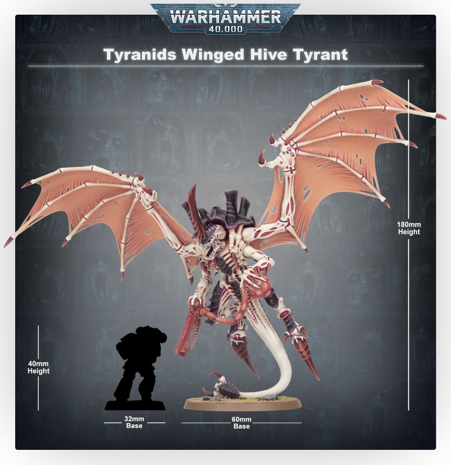 Tyranids Winged Hive Tyrant size guide: 180mm tall beside a Space Marine silhouette