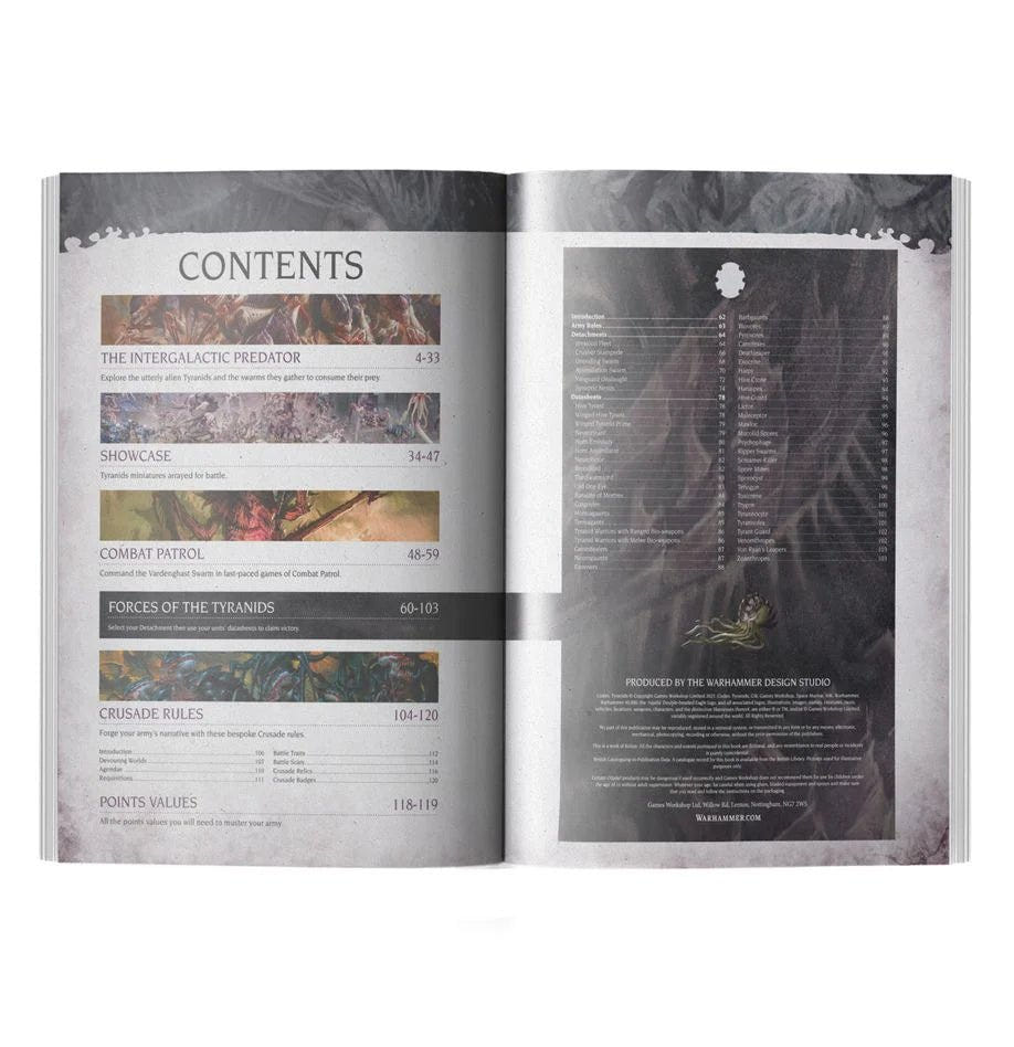 Codex: Tyranids open to the contents page listing lore, showcase and crusade rules sections