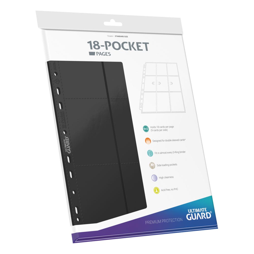 Ultimate Guard 18-Pocket side-loading pages, black, packet of 10 pages, angled to the right