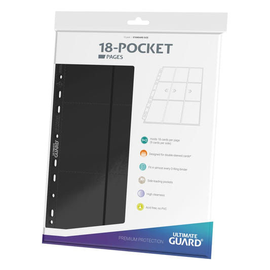 Ultimate Guard 18-Pocket side-loading pages, black, packet of 10 pages, angled to the left