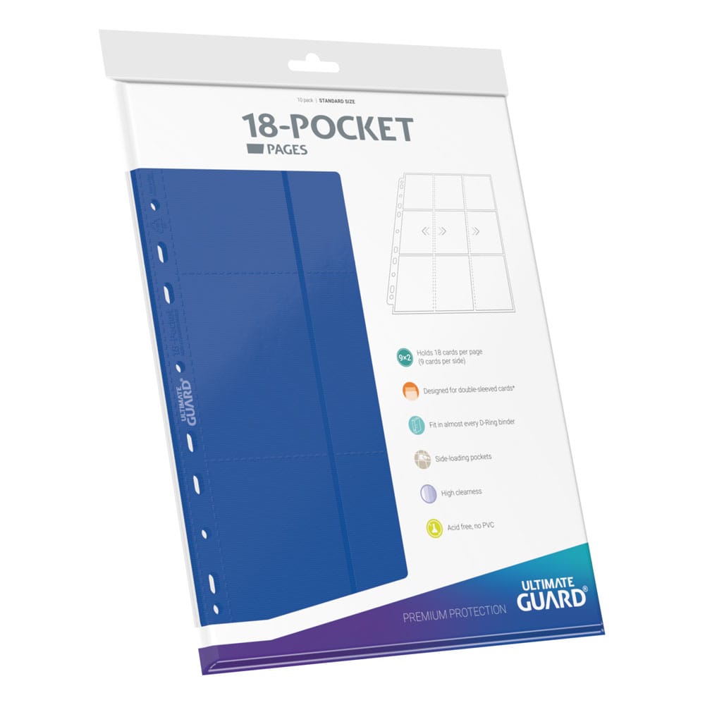 Ultimate Guard 18-Pocket side-loading pages, blue, packet of 10 pages, angled to the right