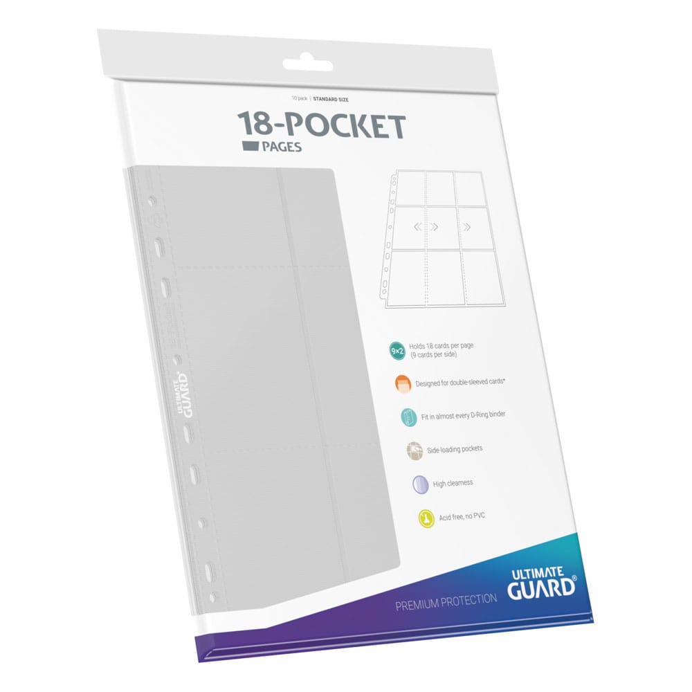 Ultimate Guard 18-Pocket side-loading pages, white, packet of 10 pages, angled to the right
