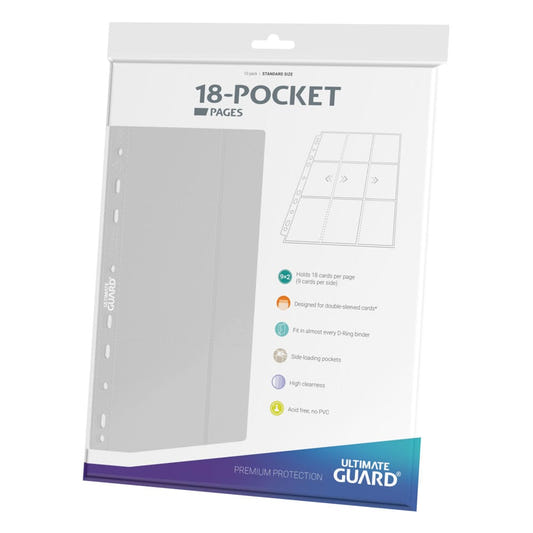Ultimate Guard 18-Pocket side-loading pages, white, packet of 10 pages, angled to the left