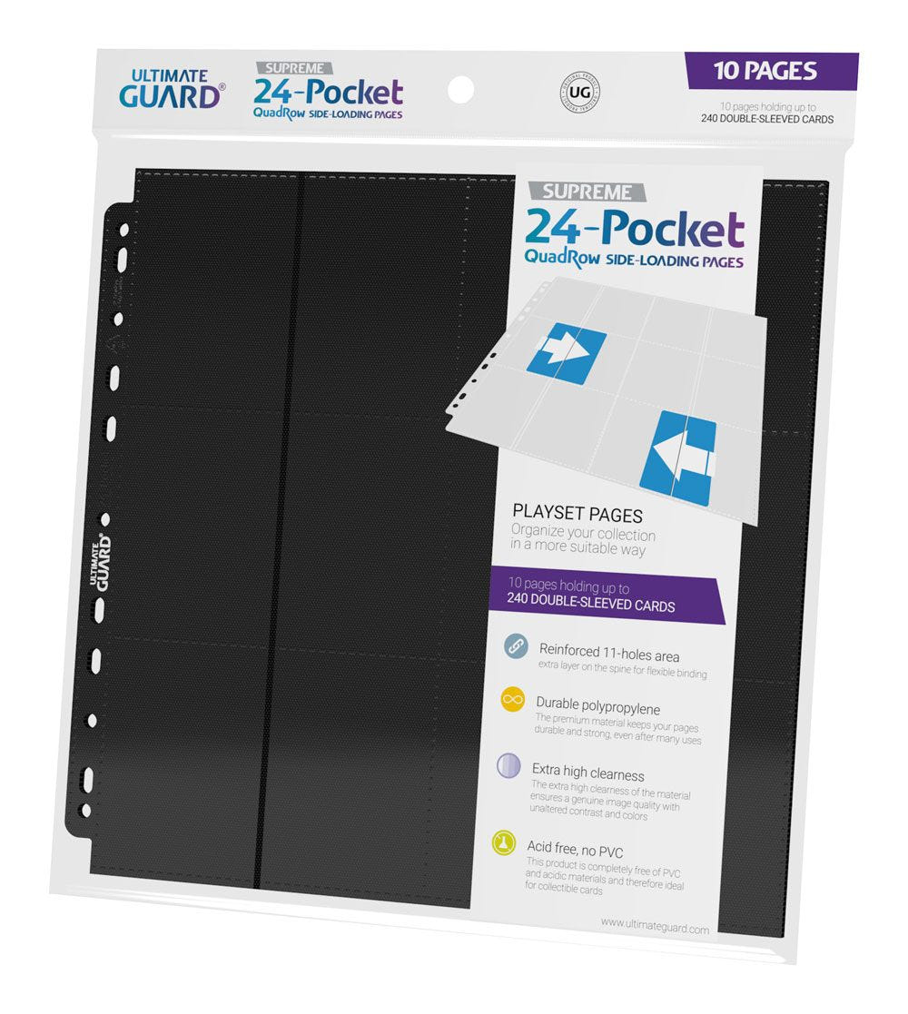 Ultimate Guard 24-Pocket QuadRow side-loading pages, black, packet of 10 pages, angled to the left