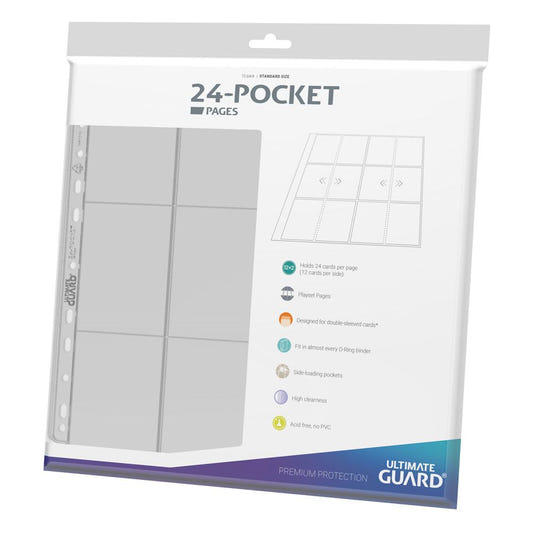 Ultimate Guard 24-Pocket QuadRow side-loading pages, transparent, packet of 10 pages, angled to the left