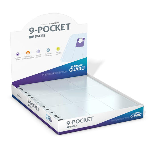 Ultimate Guard 9-Pocket top-loading pages, transparent, open display box of 100 pages