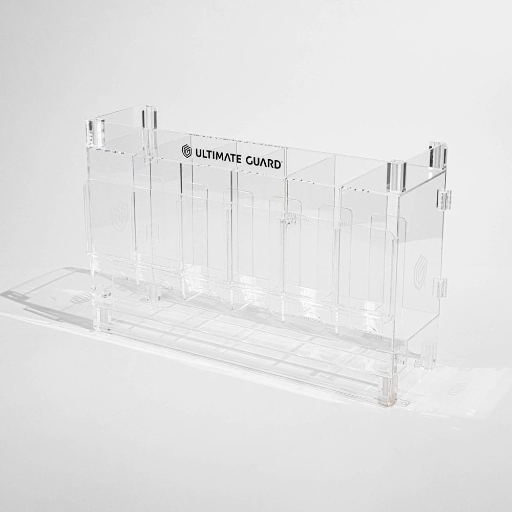 Ultimate Guard acrylic dispenser base for TCG booster packs, empty dispenser, side angle