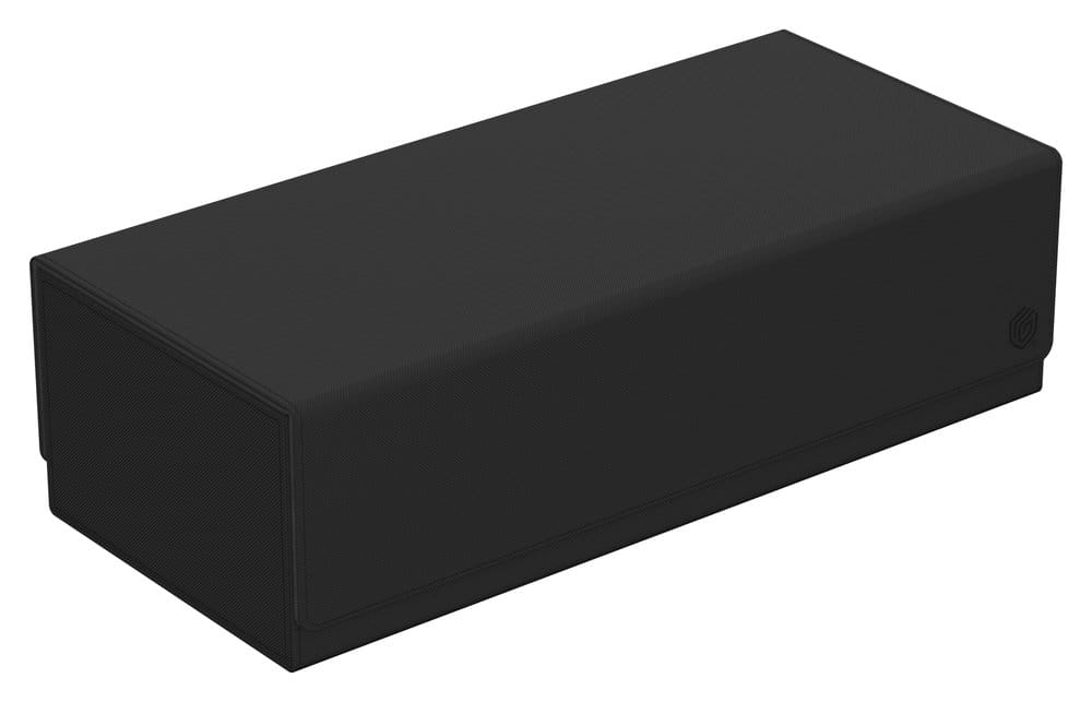 Ultimate Guard Arkhive 1000+ Xenoskin card storage box, black, closed box, front three-quarter view from the right