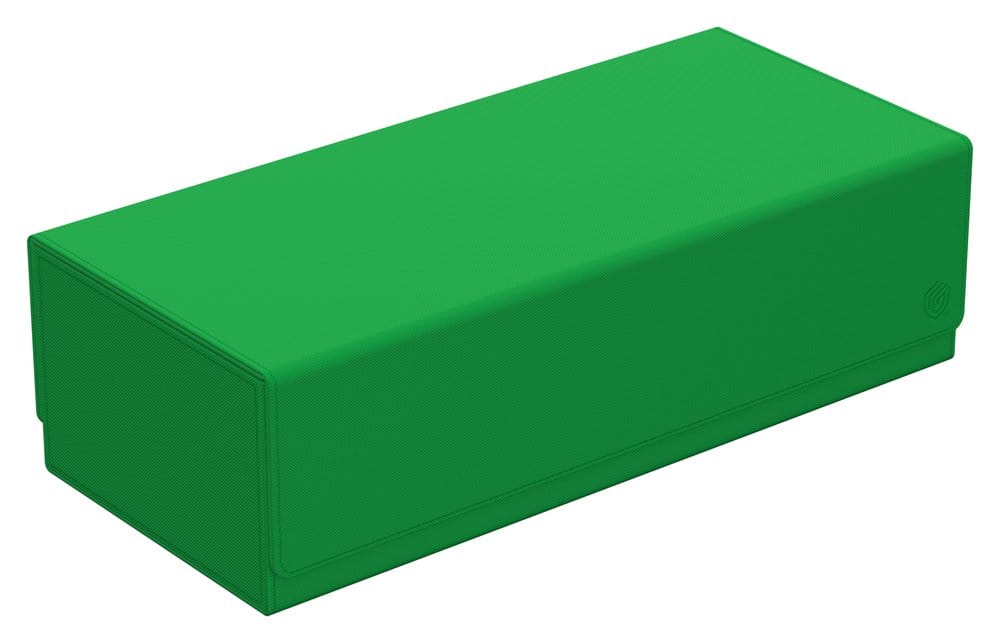 Ultimate Guard Arkhive 1000+ Xenoskin card storage box, green, closed box, front three-quarter view from the right
